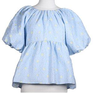 English Factory Women's XS Blue Empire Waist Top Jacquard Floral Puff Sleeves